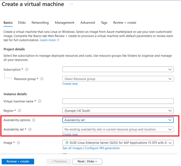 Create a virtual machine - Select Availability options, set