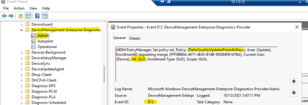  Event ID 813 for Intune Policy Integer 