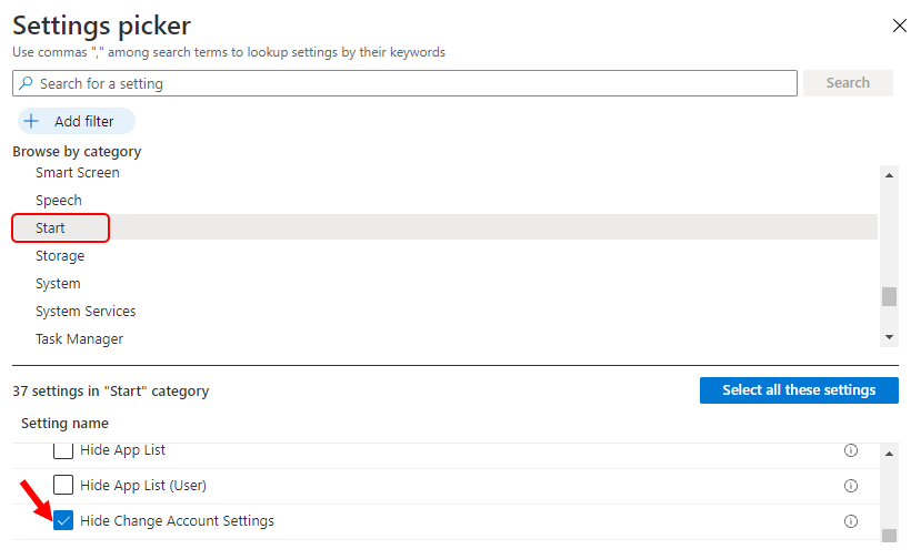 Settings picker – Start > Hide Change Account Settings