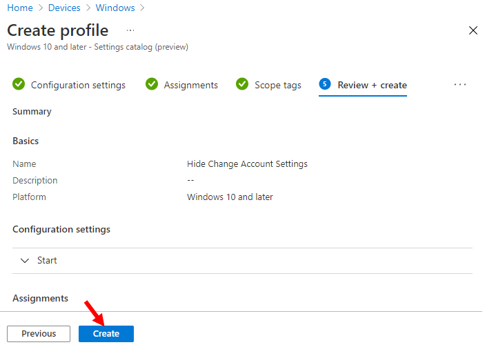 Review Configuration Settings – Hide Change Account Settings Using Intune
