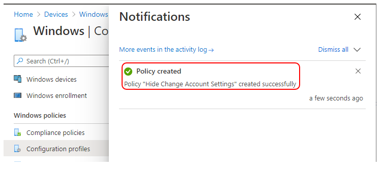 Policy “Hide Change Account Settings” created successfully