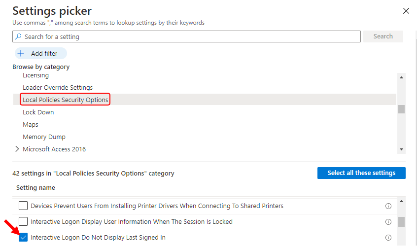 Settings Picker – Local Policies Security Option in Intune
