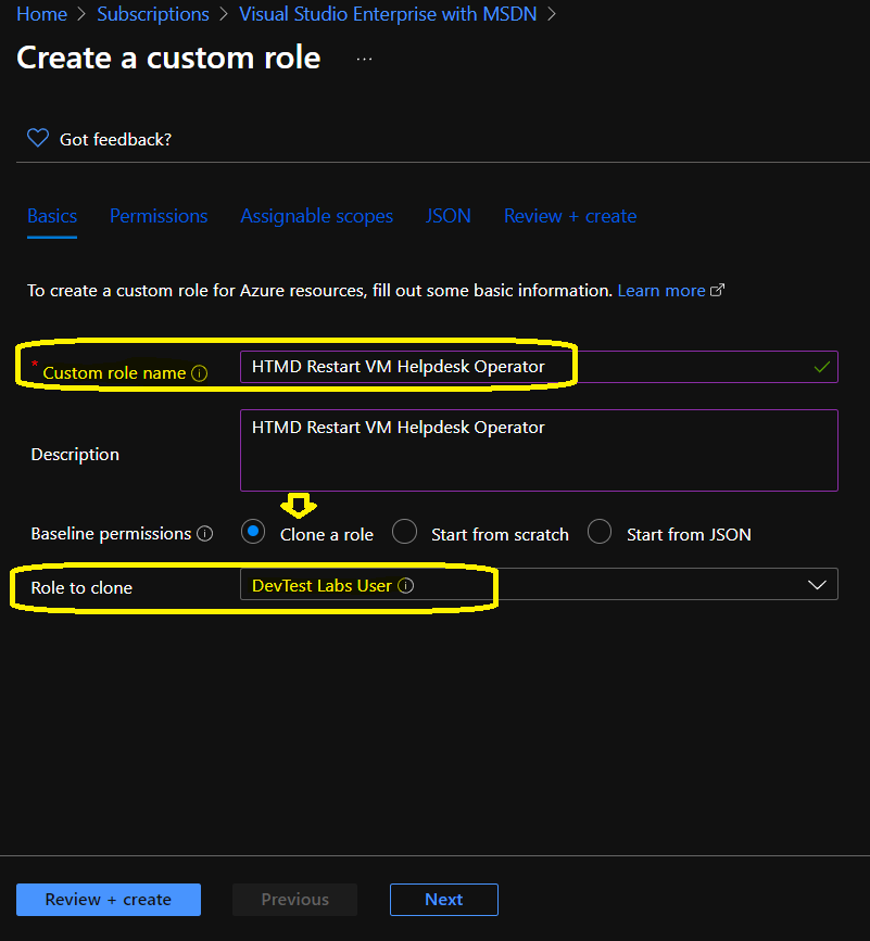 Restart VM Helpdesk Operator Azure RBAC Custom Role for AVD