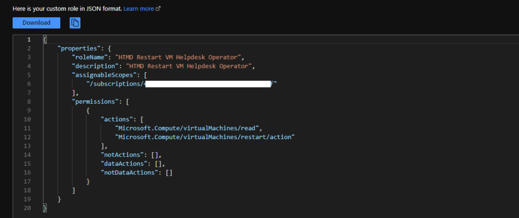  JSON file to Create the Restart VM Helpdesk Role for AVD 
