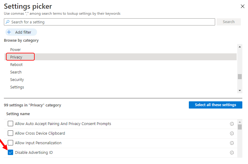 Settings Picker – Privacy Option in Intune