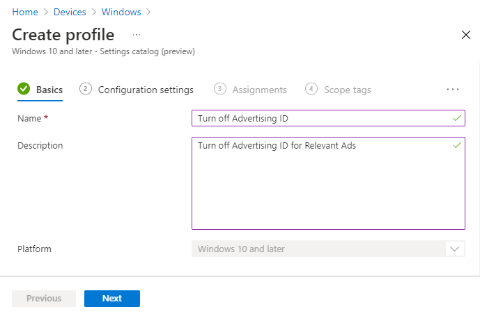 Create Profile – Turn off Advertising ID 