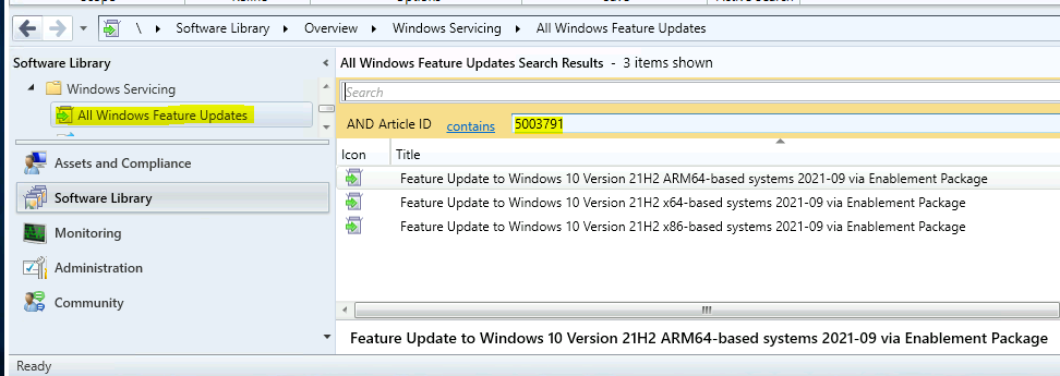 Deploy Windows 10 21H2 Feature Update KB5003791 using SCCM