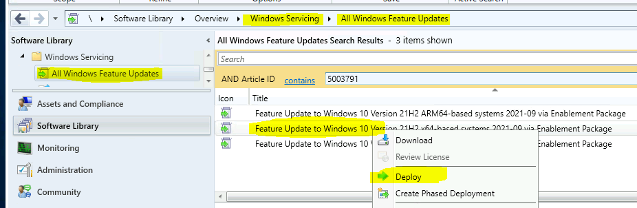 Deploy Windows 10 21H2 Feature Update KB5003791 using SCCM