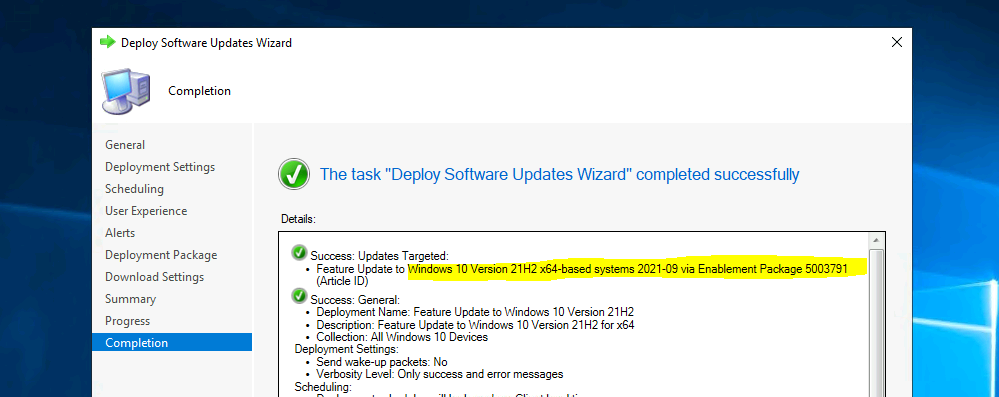 Deploy Windows 10 21H2 Feature Update KB5003791 using SCCM