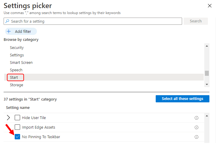 Settings Picker – Select Start category in Intune Prevent Pin Unpin Apps from Taskbar Using Intune 