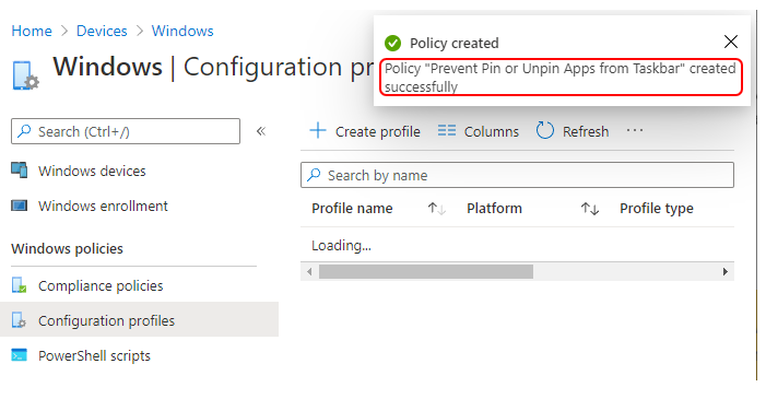 Policy "Prevent Pin or Unpin Apps from Taskbar" created successfully