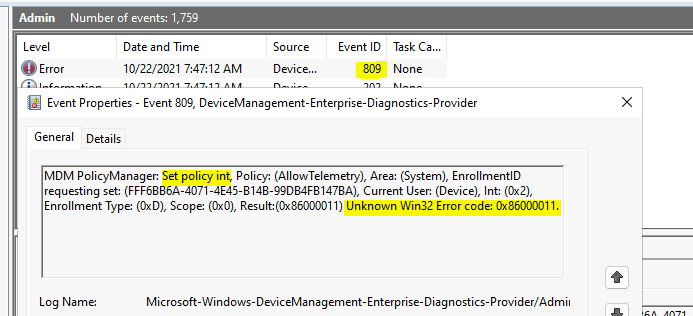 Event ID 809 - Unknown Win32 Error - Intune Logs