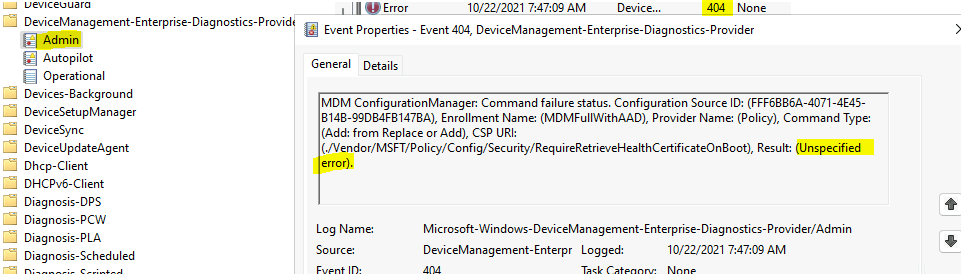  Event ID 404 Unspecified Error - Intune Policy Intune Logs