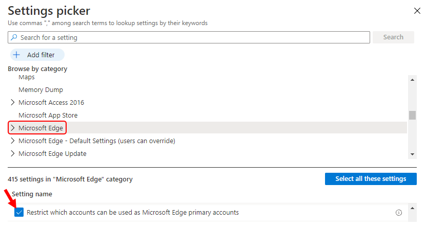 Select Microsoft Edge category - Restrict Microsoft Edge Personal Accounts Sync