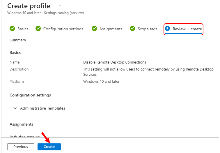 Review + Create – Device Configuration Profile
