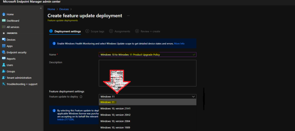 Windows 11 Feature Update Deployment Policy for Upgrade