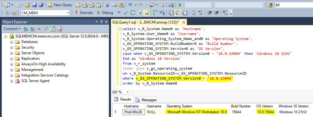  SQL Query for Windows 10 21H2