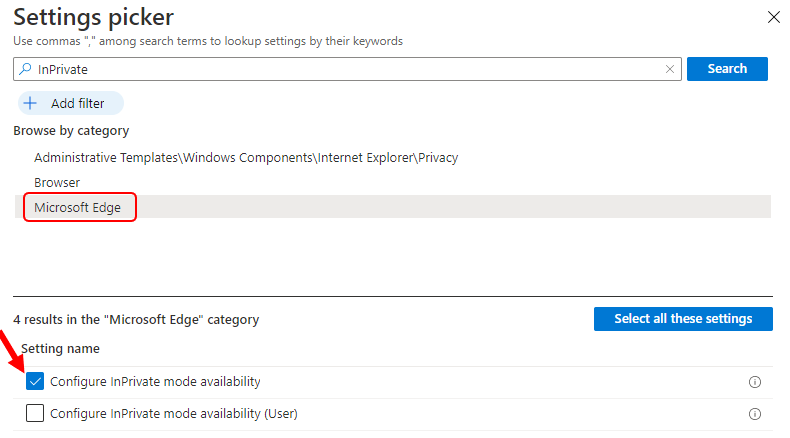 Select Microsoft Edge category – Prevent InPrivate Web Browsing in Microsoft Edge