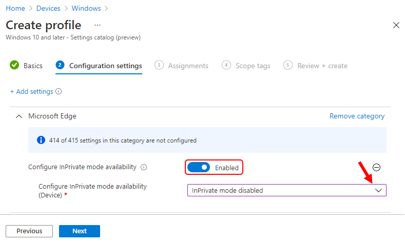 Set Configure InPrivate mode availability to Enabled