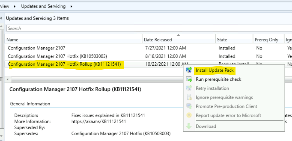 List of Fixed Issues with SCCM 2107 Rollup Update KB11121541