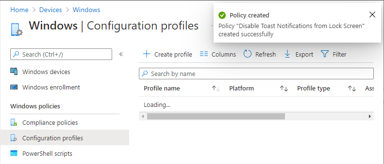 Policy "Disable Toast Notifications from Lock Screen" created successfully