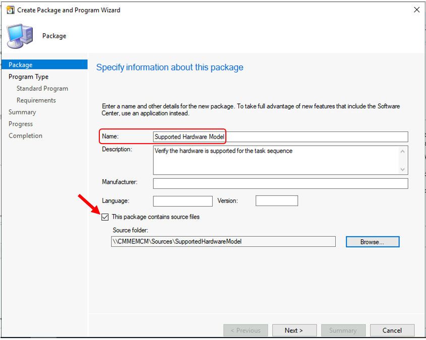 SCCM Package - Specify Source file | Prompt Message for SCCM Task Sequence Unsupported Hardware Model 