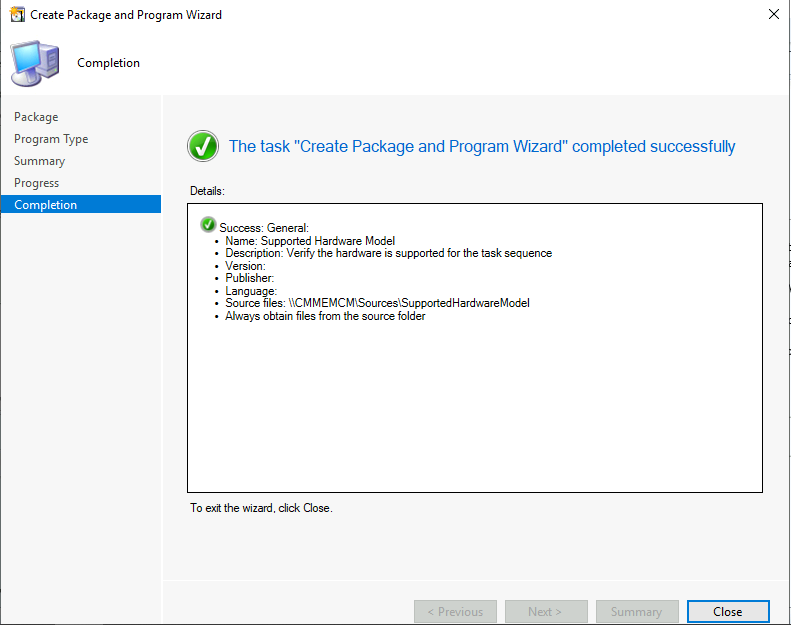 SCCM – The task Create Package and Program Wizard completed successfully
