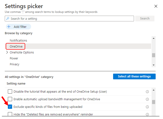 Settings Picker – OneDrive >  Exclude specific kinds of files from being uploaded