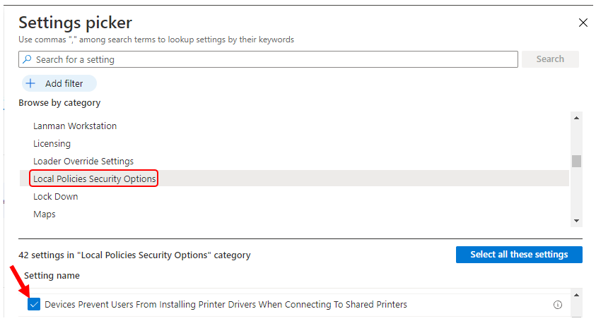 Prevent Users From Installing Printer Drivers using Intune 5 Settings picker - Local Policies Security Options