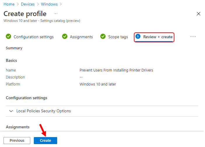 Prevent Users From Installing Printer Drivers using Intune 8 Review + Create Configuration settings