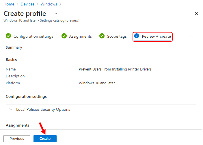 Review + Create Configuration settings