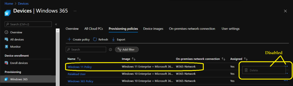 Fix Cloud PC Provisioning Policy Delete Option Grayed Out Issue