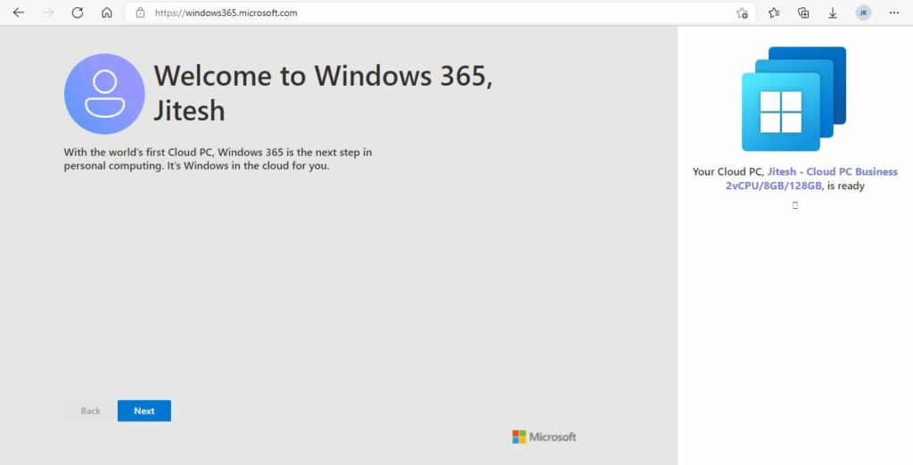  Business Edition Windows 365 Cloud PC End User Provisioning Experience 
