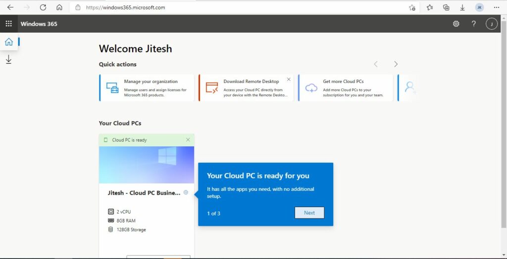 Windows 365 Business Cloud PC End User Experience Walkthrough