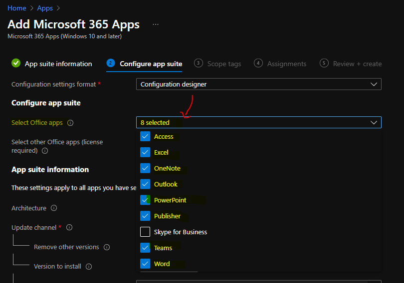  Configure App Suite options for Microsoft 365 Apps Deployment Using Intune  - Deploy MS Teams Microsoft 365 Apps Using Intune MEM