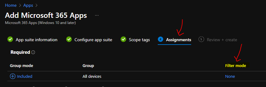  Microsoft 365 Apps Deployment or Assignments options 