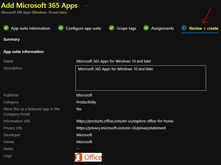  Review + Create of Microsoft 365 APP Suite using Intune 