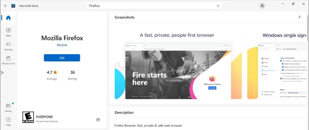 Install Mozilla Firefox Browser from Microsoft Store