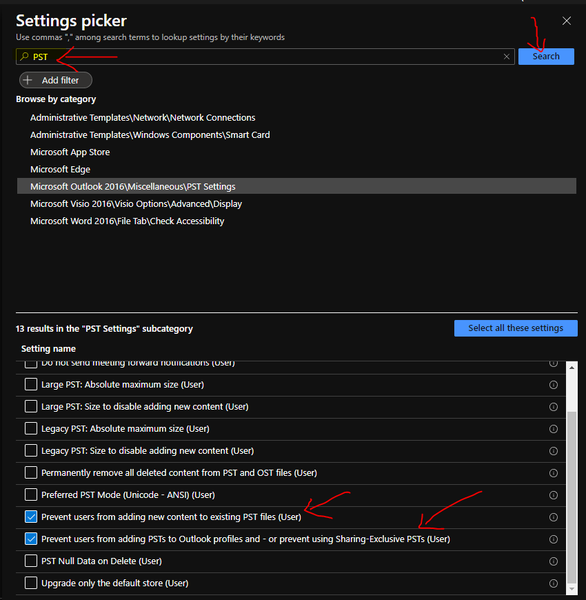 Disable PST Access to Outlook Profile using Intune MEM