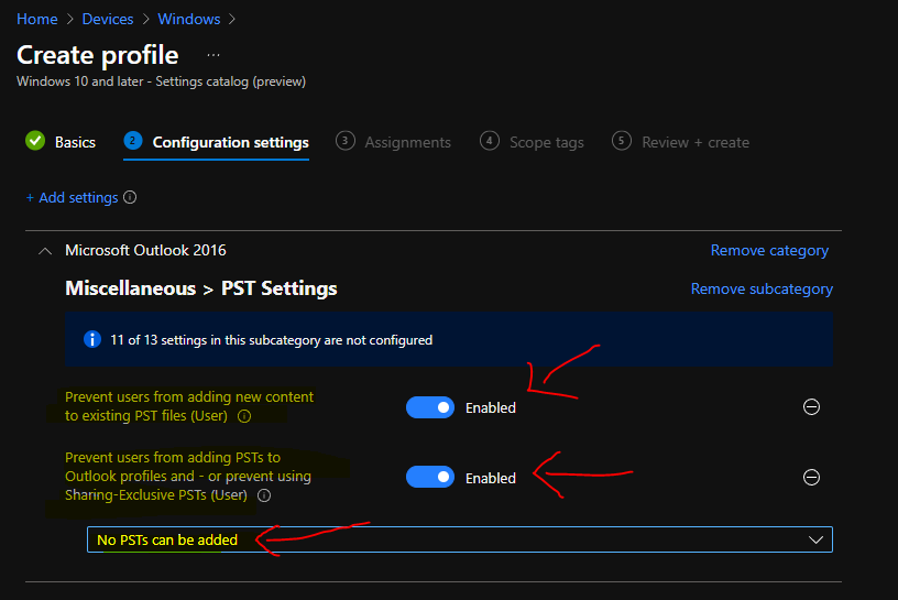 Disable PST Access to Outlook Profile using Intune MEM 1