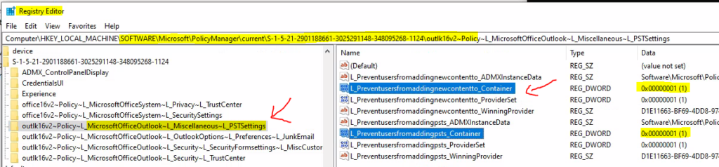 Registry Confirmation - Disable PST Access to Outlook Profile using Intune