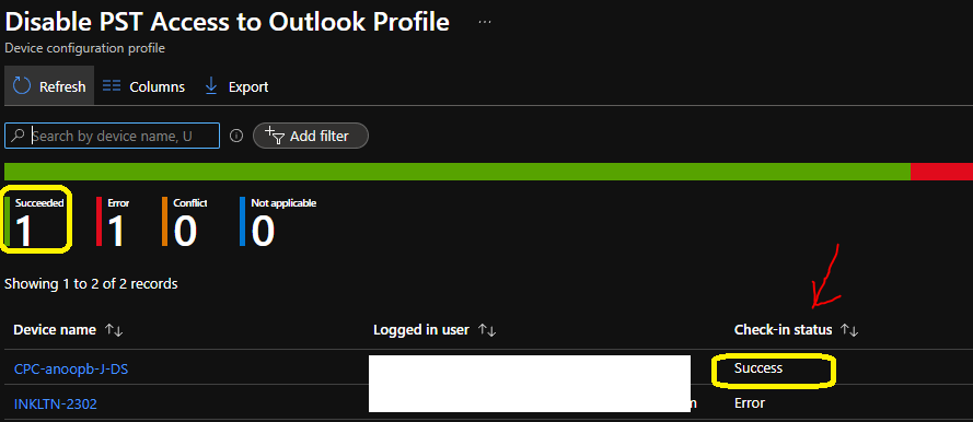 Results - Disable PST Access to Outlook Profile using Intune policy Deployment