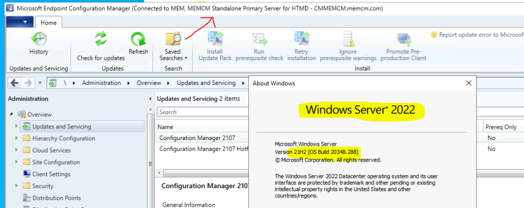 Result of SCCM Server in-place OS Upgrade to Server 2022