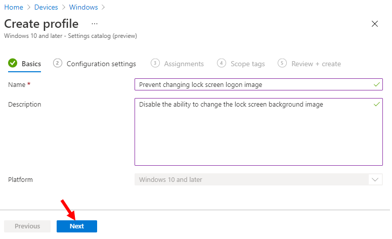 Create Profile - Prevent Changing Lock Screen Logon Image Using Intune