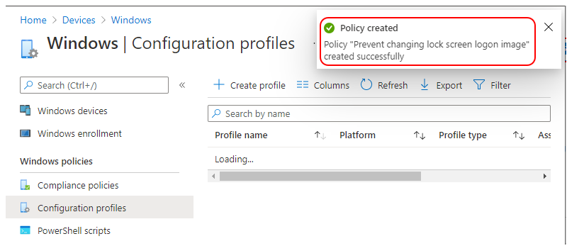 Policy "Prevent changing lock screen logon image" created successfully