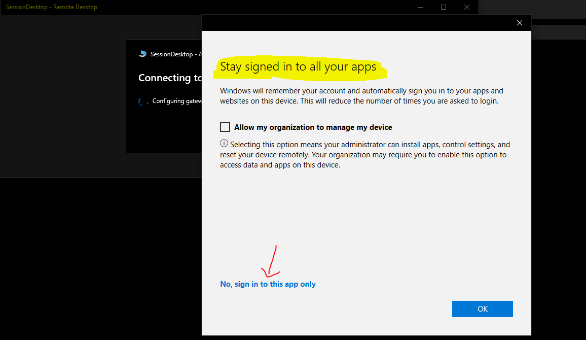 Disable Stay Signed in to all your apps Prompt using Intune while