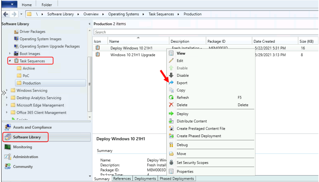 SCCM Task Sequence - Select Export