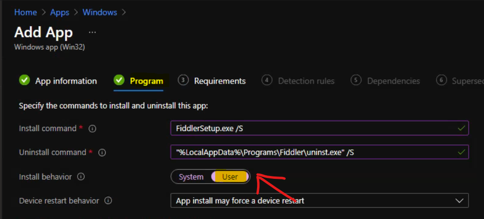 Install Uninstall Command for Fiddler Using Intune