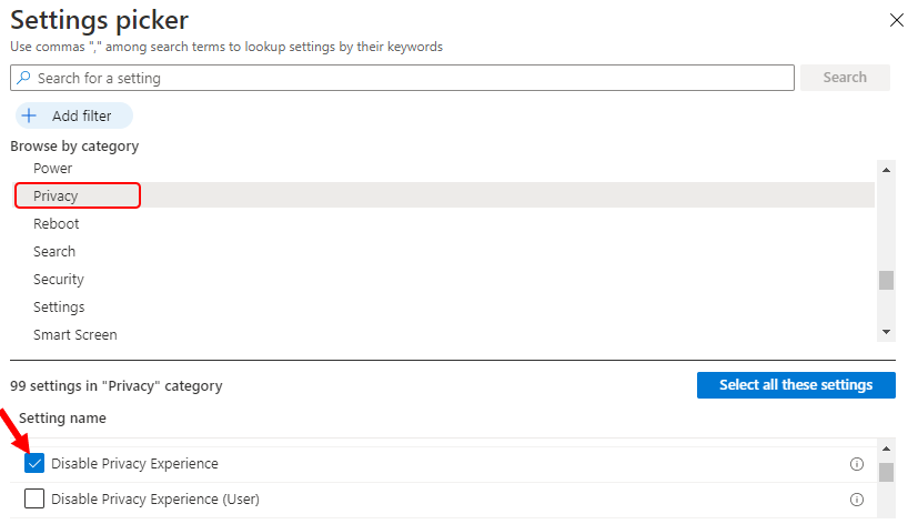 Setting Picker – Select Privacy | Disable Privacy Experience