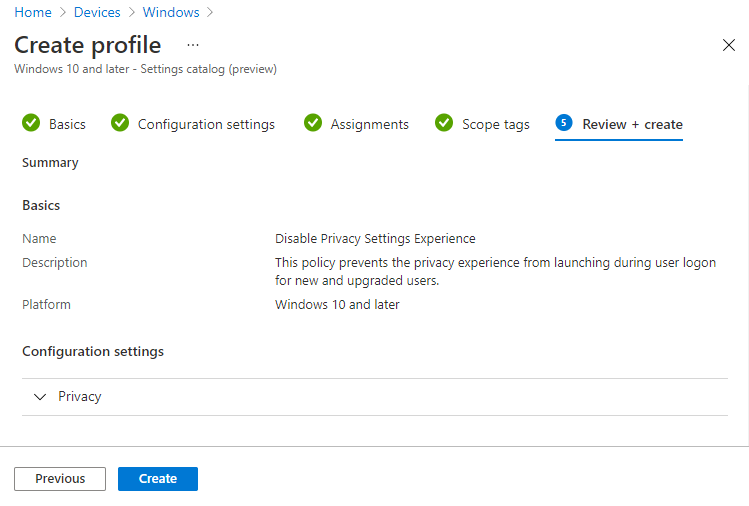 Disable Privacy Settings Experience at First Sign-in Using Intune 3